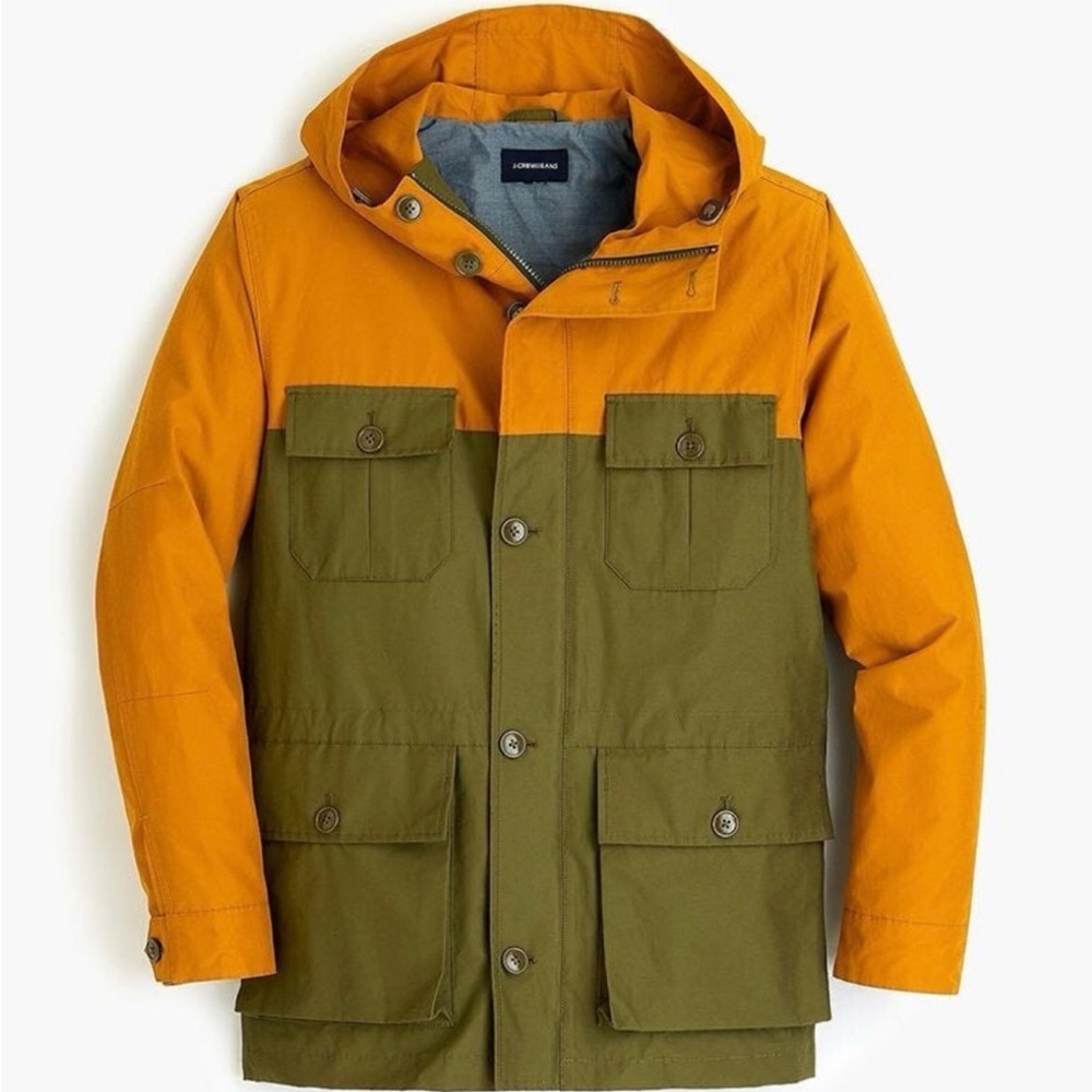 J. Crew Men's Orange and Olive Green Hooded Jacket